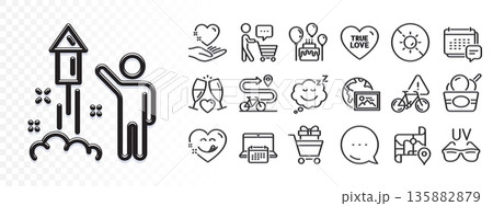Ice cream, Yummy smile and Map line icons for web app. Glare of light effect. Message icon. Pack of Sunglasses, Wedding glasses, Shopping trolley pictogram icons. Vector 135882879