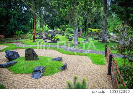 Japanese garden in Vienna with Japanese maple and topiary pine tree and rocks - beauty in nature Japanese garden in Vienna with Japanese maple and topiary pine tree and rocks - beauty in nature 135882890