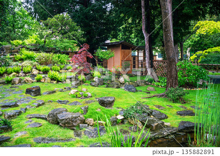 Japanese garden; Vienna; Japanese maple, pool,red maple; ground.; amazing; large; spruce tree; coniferous tree; greenhouse; rock; drawn; sand, garden path,black, stone,Japanese rock garden; 135882891