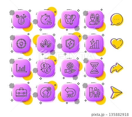 Dirty water, Idea and Organic tested line icons. App 3d buttons. Social media comment, share, like icons. Pack of Portfolio, Thermometer, Time icon. Vector 135882918
