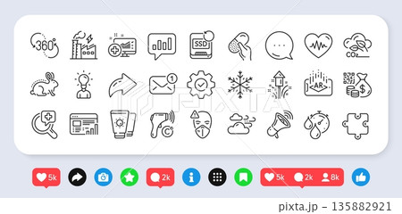 Windy weather, 360 degree and Heartbeat line icons pack. Social media: share, comment, like icons. Co2 gas, Snowflake, Timer web icon. Megaphone, Electronic thermometer, Puzzle pictogram. Vector Windy weather, 360 degree and Heartbeat line icons pack. Social media: share, comment, like icons. Co2 gas, Snowflake, Timer web icon. Megaphone, Electronic thermometer, Puzzle pictogram. Vector 135882921