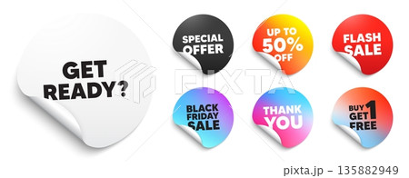 Get ready sticker tag. Special offer paper price tags. Get ready tag. Special offer sign. Advertising discounts symbol. Discount, black friday sticker. Promo banner. Vector Get ready sticker tag. Special offer paper price tags. Get ready tag. Special offer sign. Advertising discounts symbol. Discount, black friday sticker. Promo banner. Vector 135882949