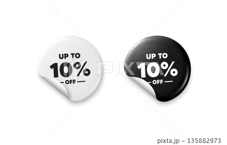 Discount tag sticker tags. Glitter paper price badge. Up to 10 percent off sale. Discount offer price sign. Special offer symbol. Save 10 percentages. Offer round sticker. Promo banner. Vector 135882973