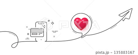 Online shopping line icon. Continuous line with share plane. Mobile buying sign. Credit card purchases symbol. 3d heart in speech bubble. Online shopping single line ribbon. Loop curve pattern. Vector 135883167