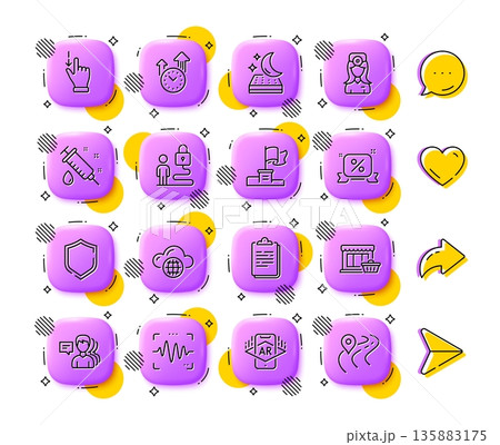 Time management, Voice wave and Marketplace line icons. App 3d buttons. Social media comment, share, like icons. Pack of Medical syringe, Shield, Discounts ribbon icon. Vector 135883175