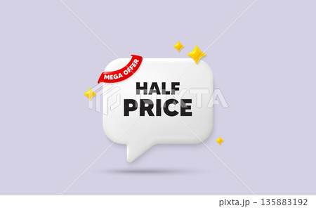 Half price chat speech bubble. Mega offer flag ribbon. Half Price tag. Special offer Sale sign. Advertising Discounts symbol. 3d sparkle stars speech bubble. Vector 135883192