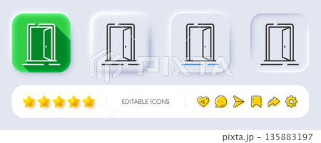 Open door line icon. Neumorphic, Flat shadow, 3d buttons. Entrance doorway sign. Building entry symbol. Line open door icon. Social media icons. Vector 135883197