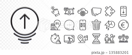 Cursor, Strategy and Speech bubble line icons for web app. Glare of light effect. Message icon. Pack of Journey, Trash bin, Cloud computing pictogram icons. Vector 135883201