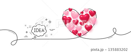 Idea speech bubble line icon. Continuous line big heart. Graphic art sign. Inspiration symbol. 3d hearts in heart shaped loop. Idea single line ribbon. Loop curve pattern. Vector 135883202