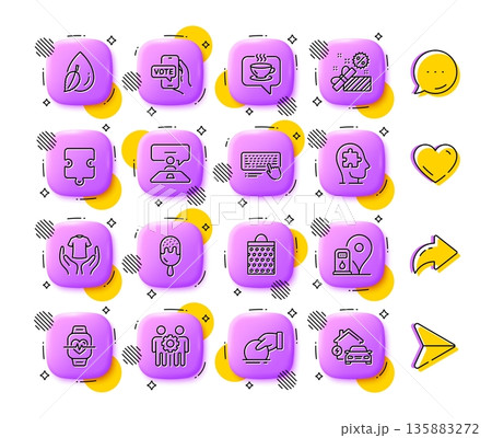 Mental conundrum, Employees teamwork and Cardio training line icons. App 3d buttons. Social media comment, share, like icons. Pack of Hold t-shirt, Puzzle, Computer keyboard icon. Vector Mental conundrum, Employees teamwork and Cardio training line icons. App 3d buttons. Social media comment, share, like icons. Pack of Hold t-shirt, Puzzle, Computer keyboard icon. Vector 135883272