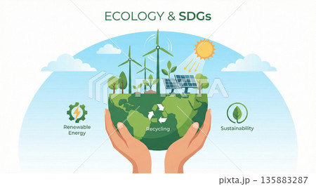 地球を支える手と再生可能エネルギーと自然 環境保護・SDGsイラスト 135883287