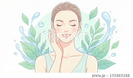潤いのある透明肌の女性と植物と水飛沫 スキンケア・美容イラスト 135883288