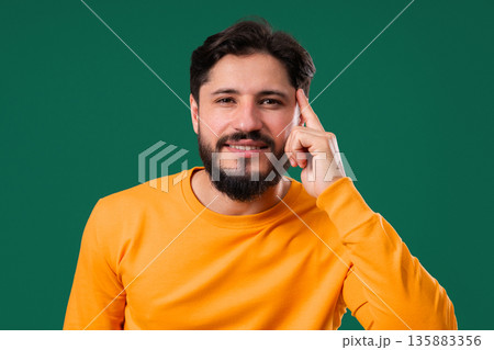 Mature Bearded Clever Man With Gesture - You, Think About It. Tapping Temple 135883356