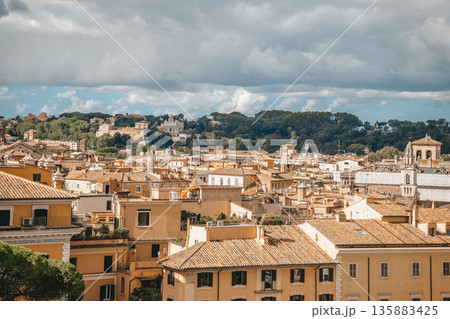 Rooftop View of Rome Cityscape with Historic Buildings and Urban Skyline 135883425