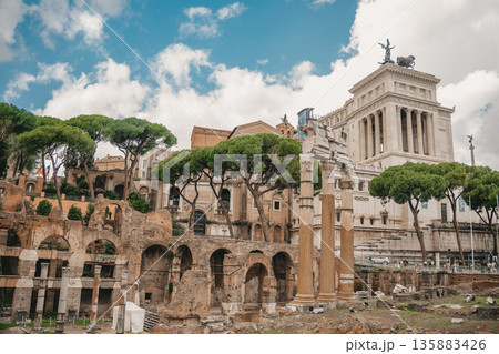 Panoramic View Of The Roman Forum. Ancient ruins, stone columns, historic landmarks bathed in warm sunlight. 135883426