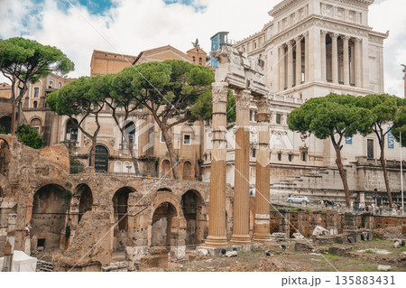 Panoramic View Of The Roman Forum. Ancient ruins, stone columns, historic landmarks bathed in warm sunlight. Panoramic View Of The Roman Forum. Ancient ruins, stone columns, historic landmarks bathed in warm sunlight. 135883431