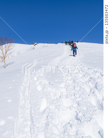 谷川岳天神尾根の雪景色・青空と急登を登る登山者 135883472