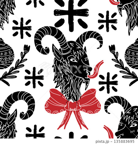 Krampus. Christmas theme linocut style, hand-drawn style, textured pattern, seamless surface 135883695