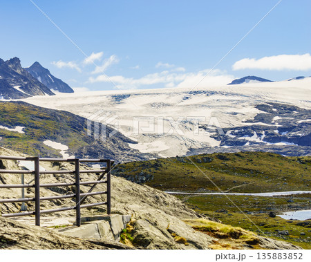Mountains with ice glacier. Road Sognefjellet, Norway Mountains with ice glacier. Road Sognefjellet, Norway 135883852