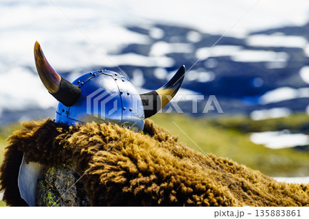 Viking helmet on mountain nature Norway Viking helmet on mountain nature Norway 135883861