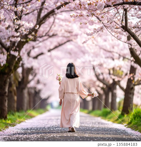 満開の桜並木の道を花束を手に歩き、春の静かな時間を味わう後ろ姿を表現したイメージ 135884183
