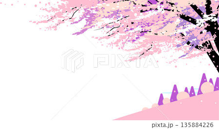 桜の木と春の丘のフラットなイラスト背景 桜の木と春の丘のフラットなイラスト背景 135884226