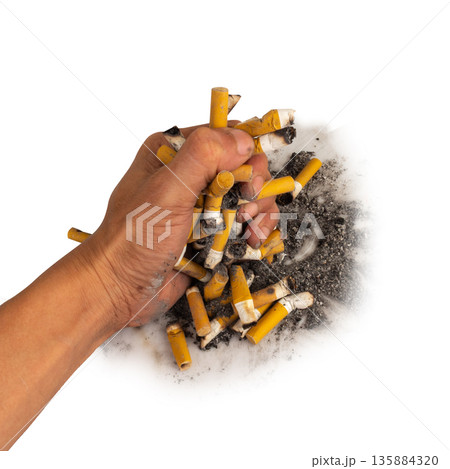 cigarette pile hand butt isolated on white background 135884320
