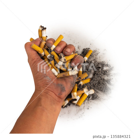 cigarette pile hand butt isolated on white background 135884321