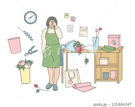 Florist woman in messy workspace surrounded by flowers and tools. Small business stress, overwork, creative chaos concept. Florist woman in messy workspace surrounded by flowers and tools. Small business stress, overwork, creative chaos concept. 135884347