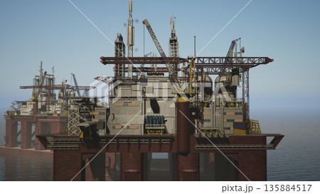 Massive offshore installation ship in ocean doing petrol exploitation. Maritime steel platform in deepwater sea equipped with drilling machinery derrick cranes for subsea operations Massive offshore installation ship in ocean doing petrol exploitation. Maritime steel platform in deepwater sea equipped with drilling machinery derrick cranes for subsea operations 135884517