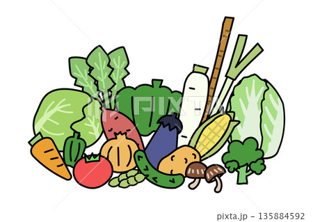 落書き風の野菜が集まったイラスト 135884592