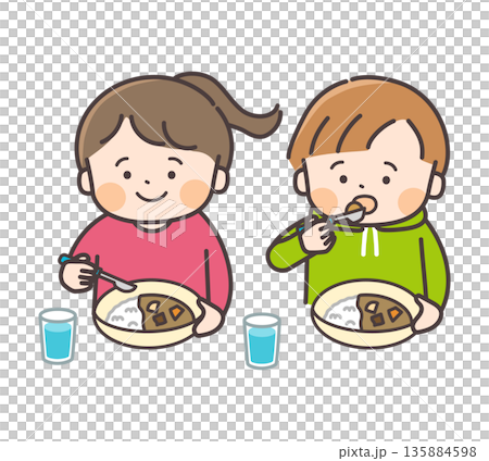 男孩和女孩吃咖哩飯的插圖 135884598