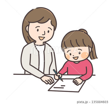 母親に勉強を教わる女の子 135884603