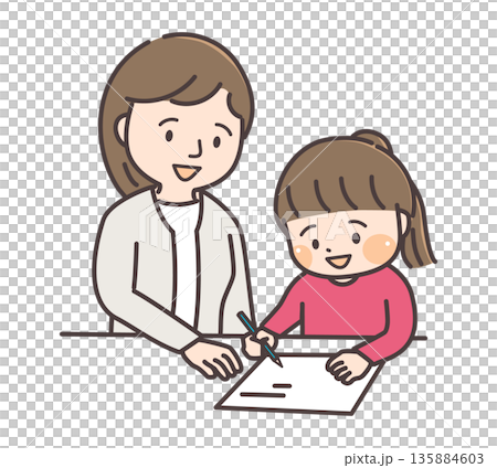 母親に勉強を教わる女の子 135884603