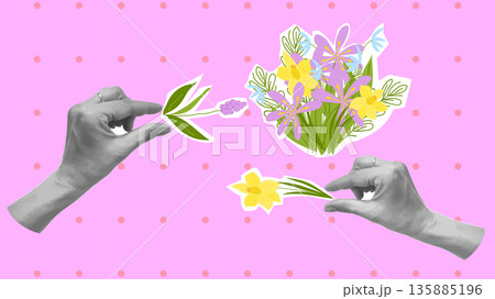 Mothers Day Collage Flowers Hearts Love Mom. For card poster social media graphic or web design in marketing campaigns. Vector illustration. 135885196