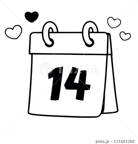 February calendar love heart romantic date holiday celebration black white illustration 135885260
