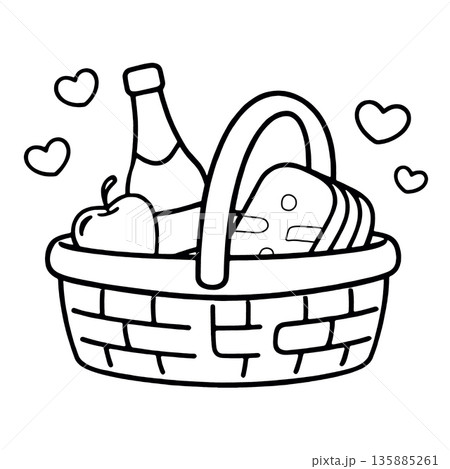 Picnic basket bottle cheese apple heart food outline black and white cute simple 135885261