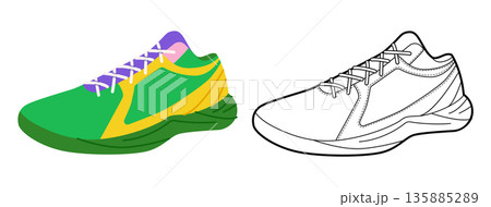 Basketball sneaker shoe flat plus line set. Statement court footwear for poster, merch, fashion concept for man woman 135885289