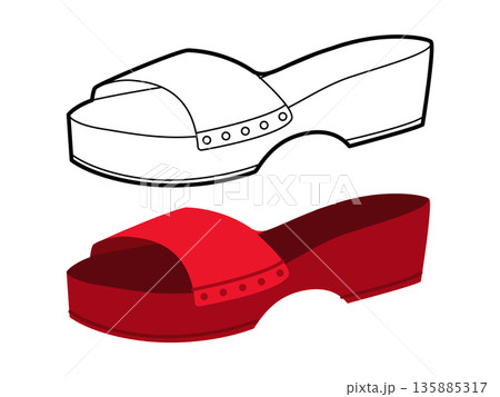 Red clog sandal shoe women flat plus line set. Platform slide sandal for lifestyle blog resort project.  135885317