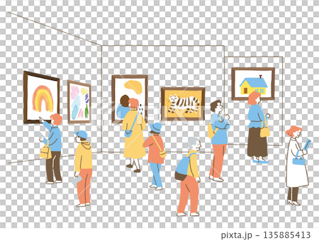博物館裡的人們正在欣賞畫作_顏色 135885413