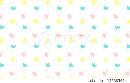 黄色とピンクと緑の葉と茎がついた曲がったチューリップの花模様 135885424