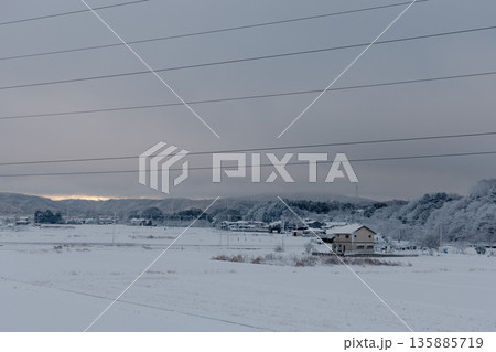 早朝の雪に覆われた静かな里山と冬の田園風景 早朝の雪に覆われた静かな里山と冬の田園風景 135885719