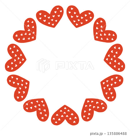 Whimsical vector illustration of a circular frame made of decorative folk style hearts. Cute hand drawn doodle design in red and white, perfect for Valentines Day cards, invitations, posters. 135886488