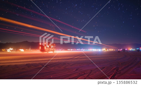 In the distance the light trails of a caravan could be seen approaching the festival adding to the sense of adventure and exploration in the desert 135886532