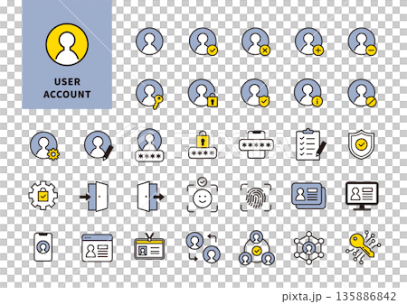 A business icon set representing user management, account settings, and authentication 135886842