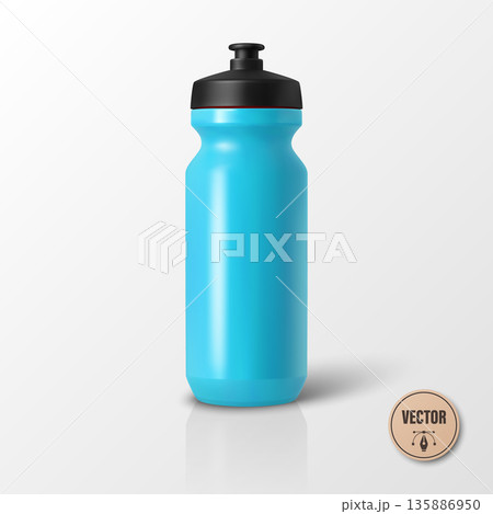 Vector 3d Realistic Blue Sports Water Bottle Mockup Isolated. Blank Plastic Cycling Water Bottle with Black Cap. Water Bottle Template. Vector Sport Bottle for Fitness, Gym, Branding, Packaging Design 135886950