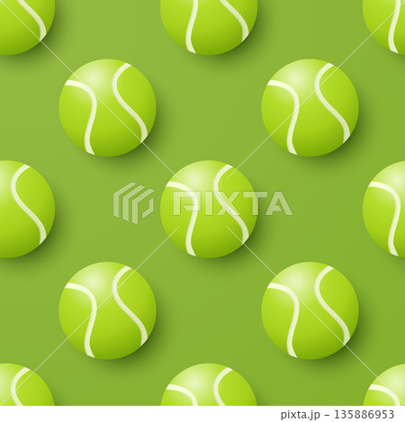 Vector 3d Green Tennis Ball Seamless Pattern. Green Vector Background with 3d Tennis Balls. Repeat Tile for Sports Design, Tennis Ball Pattern for Textile, Packaging, Gift Wrap, Fabric 135886953