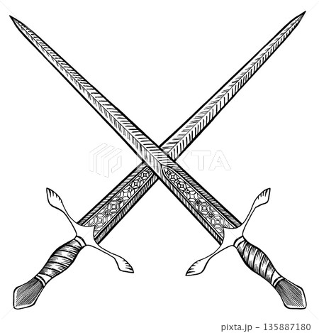 Crossed swords in engraved style. Detailed swords black and white vintage illustration. Monochrome vector artwork on white background 135887180