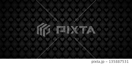 Black playing cards pattern background. Retro poker or casino table theme wallpaper. Dark grey colored vintage spades, hearts, diamonds, clubs symbols backdrop. Vegas gambling concept texture. Vector Black playing cards pattern background. Retro poker or casino table theme wallpaper. Dark grey colored vintage spades, hearts, diamonds, clubs symbols backdrop. Vegas gambling concept texture. Vector 135887531