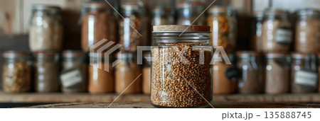 A jar with a handwritten label boasting locally sourced buckwheat as if capturing the essence of a peaceful countryside in every grain 135888745